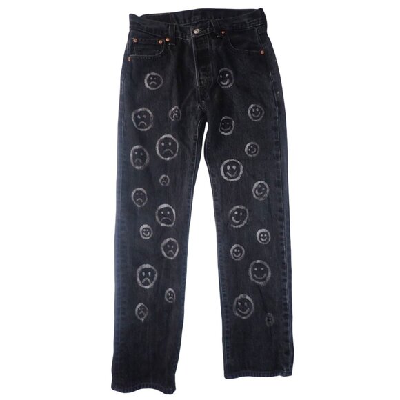 Levis 501 Jeans Bleached Smiley Face Black Denim Button Fly Straight Leg 30 x 32 - Picture 1 of 8